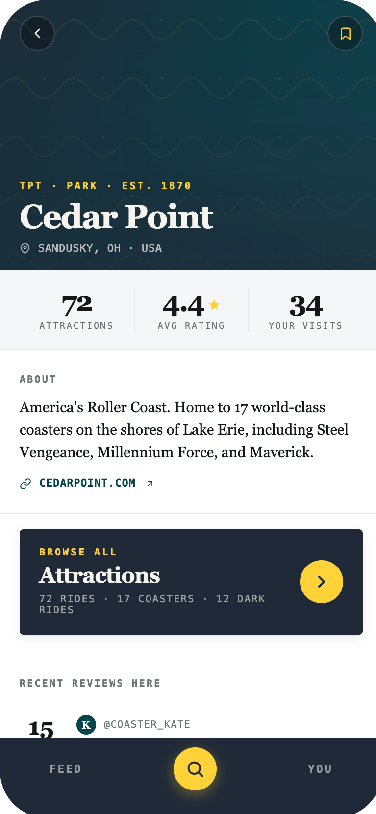 Park detail screen showing Cedar Point stats and attractions