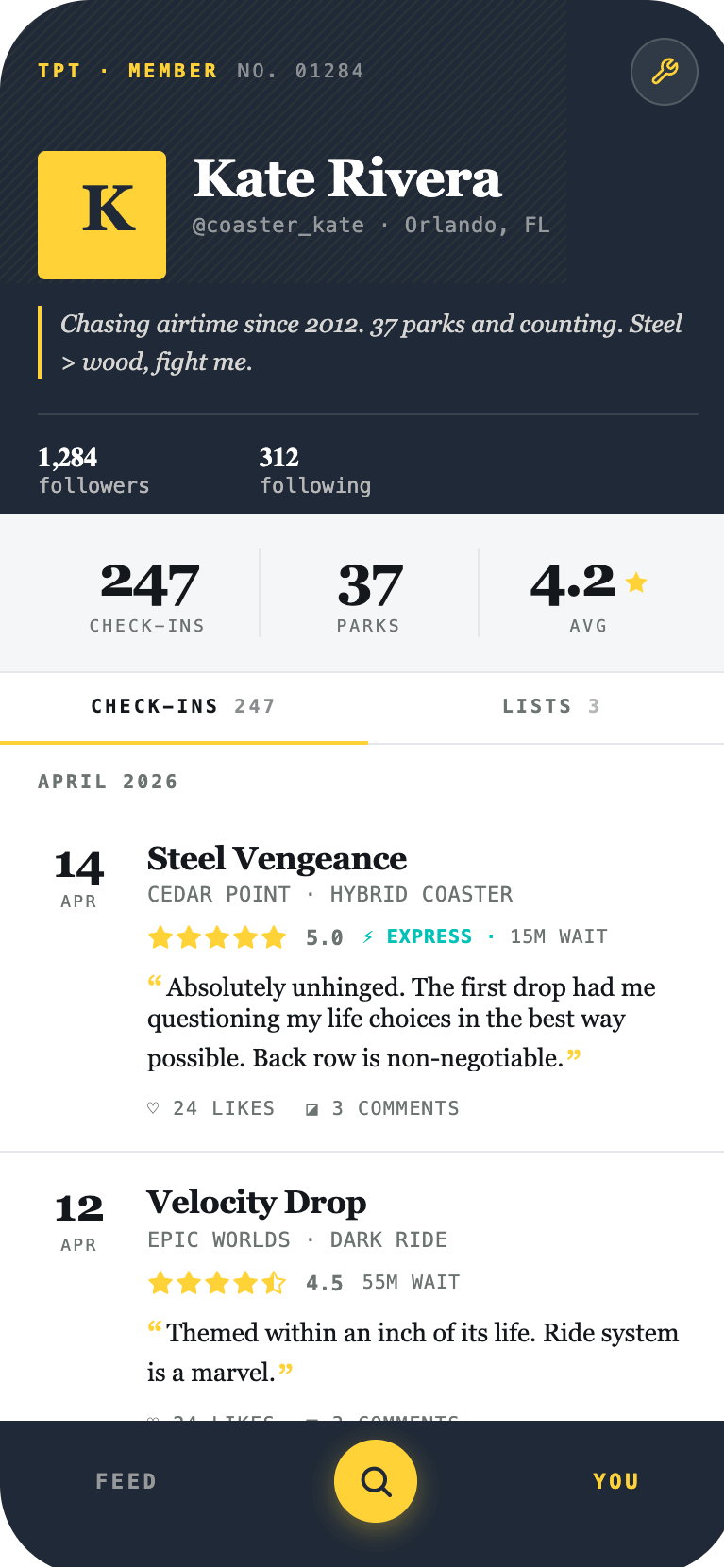 User profile screen showing check-in history and stats